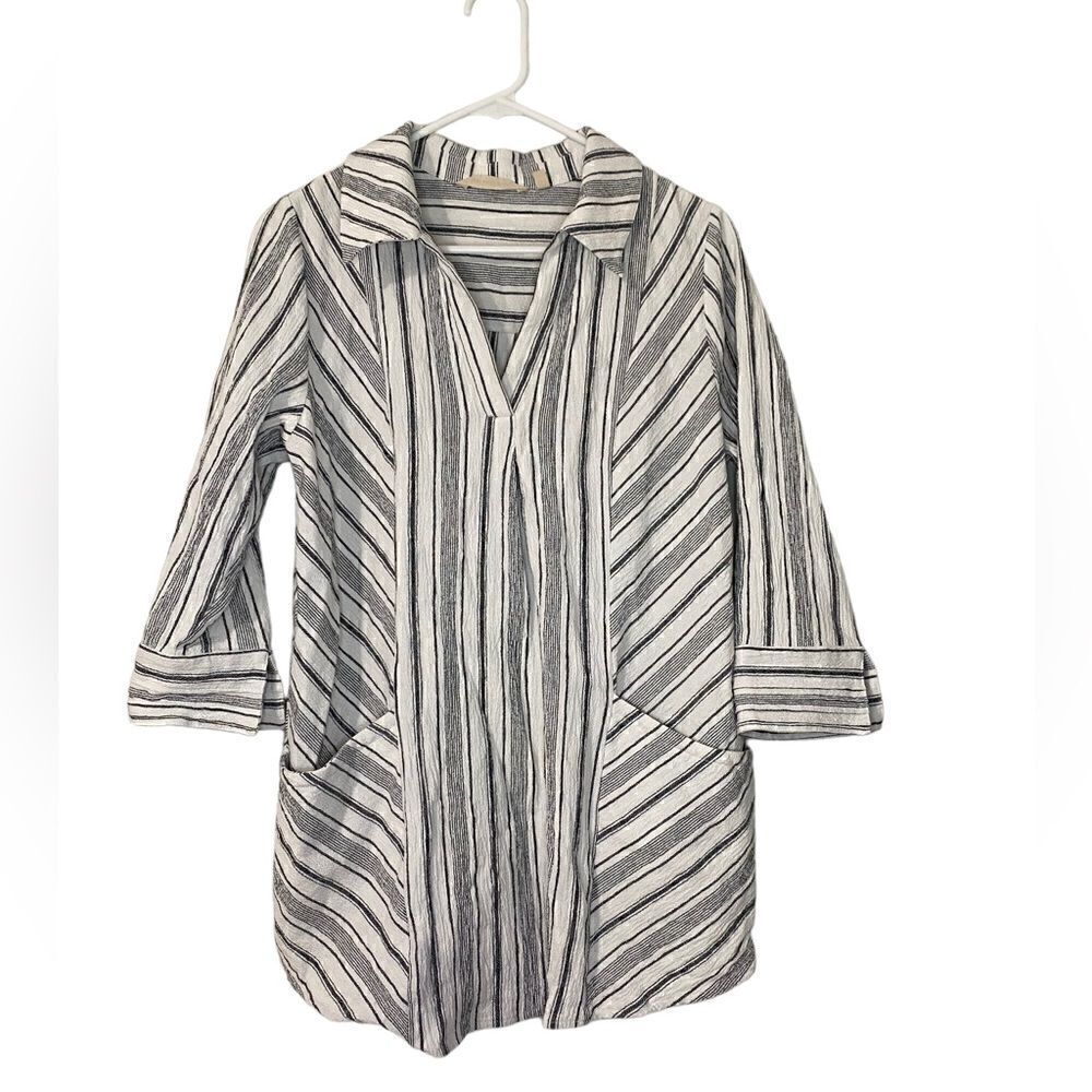 Soft Surroundings Women M Petite Striped Tunic Shirt Blouse Blue White Beach